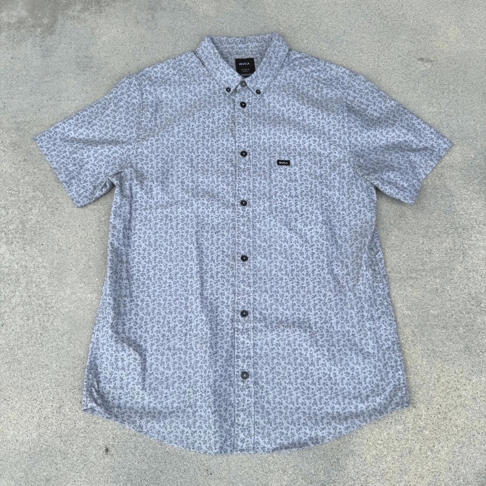 RVCA Slim Fit Short Sleeve Button Down Shirt Blue Floral Men Medium